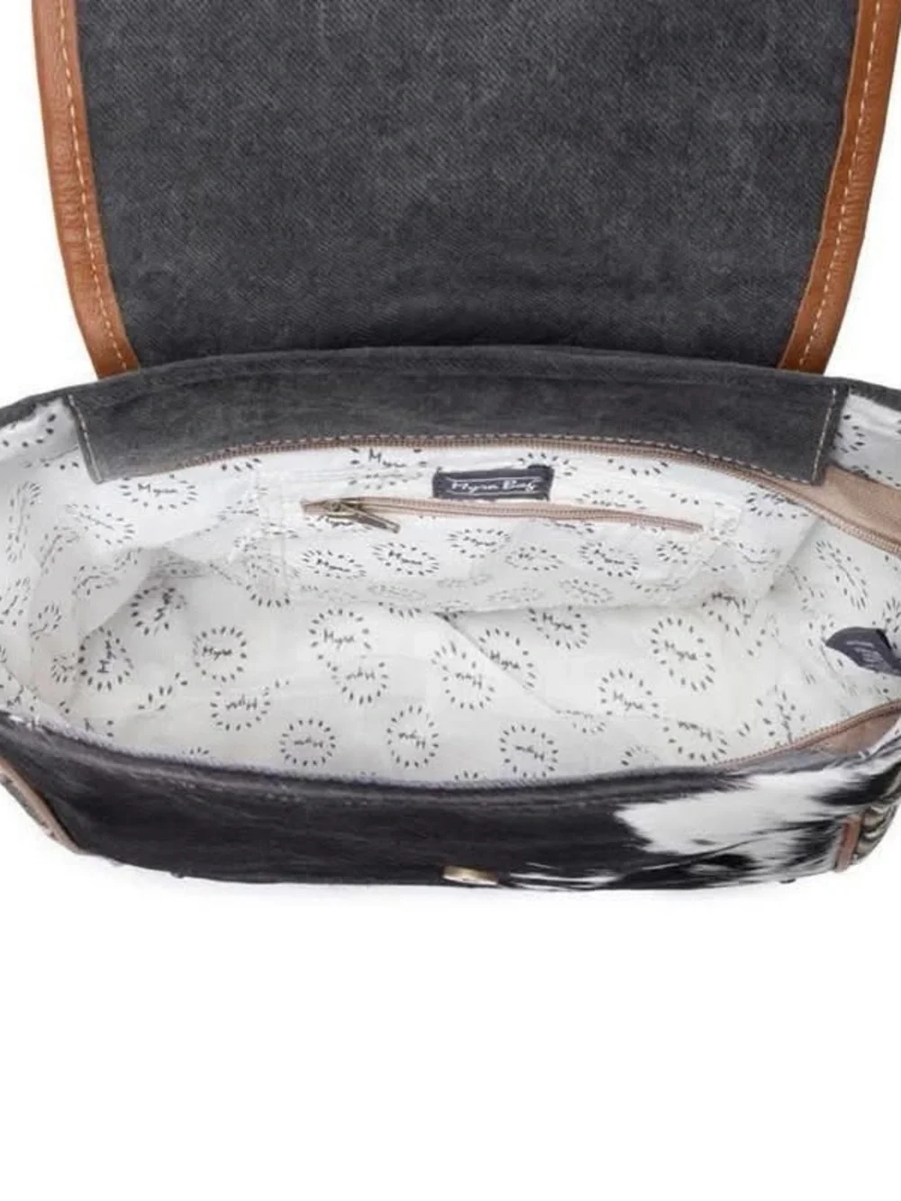 Myra Bag Black & White Cowhide and Brown Trim Patterned Backpack